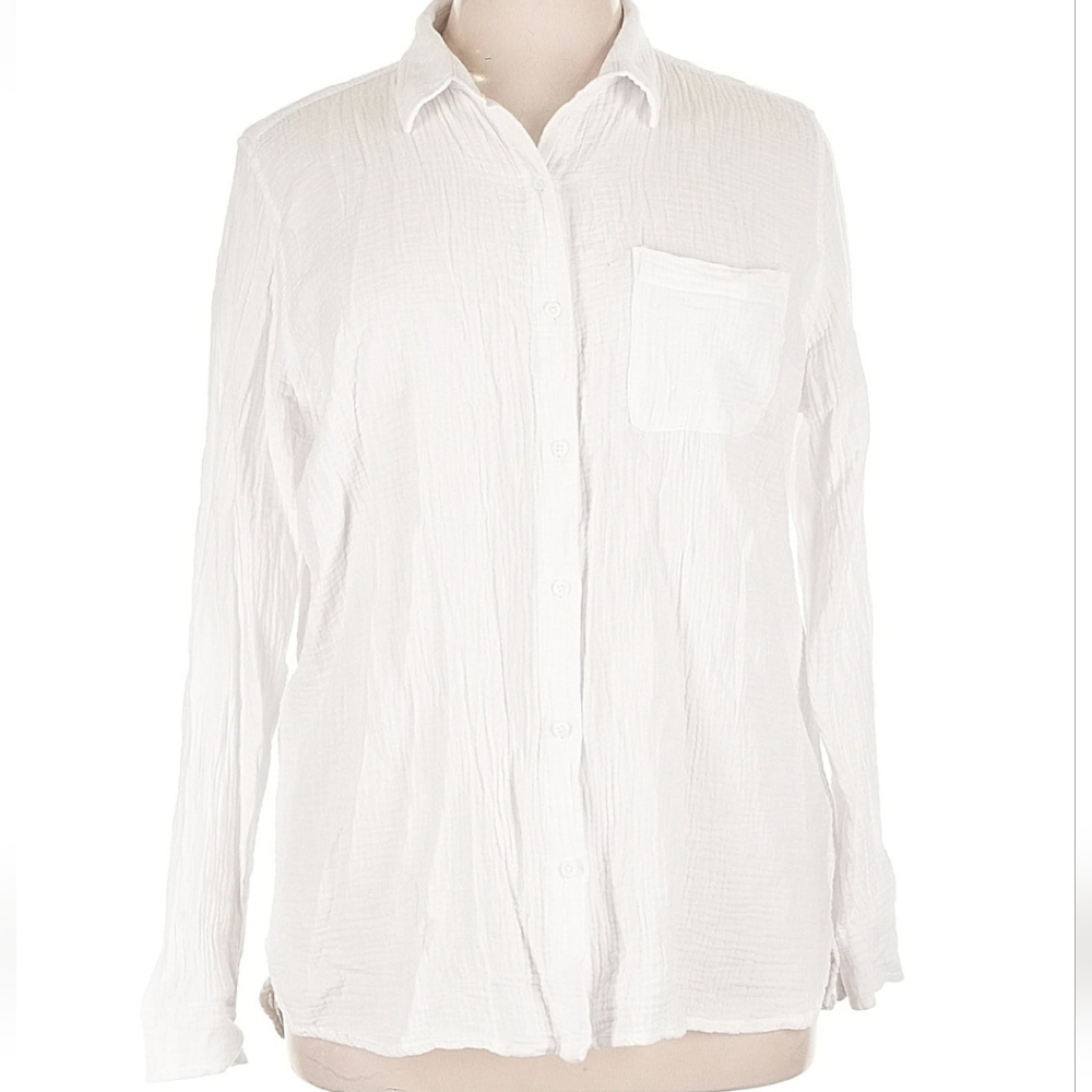 Anne Klein Jeans Double Gauze Long Sleeve Button Down Blouse, XL, White